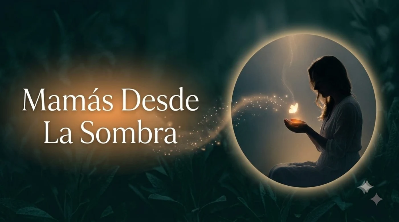 Identidad visual de Mamás desde la Sombra, con una mujer sosteniendo una luz entre las manos
