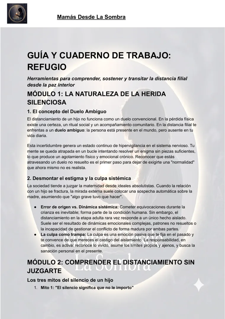 Portada de la guía y cuaderno de trabajo Refugio de Mamás desde la Sombra